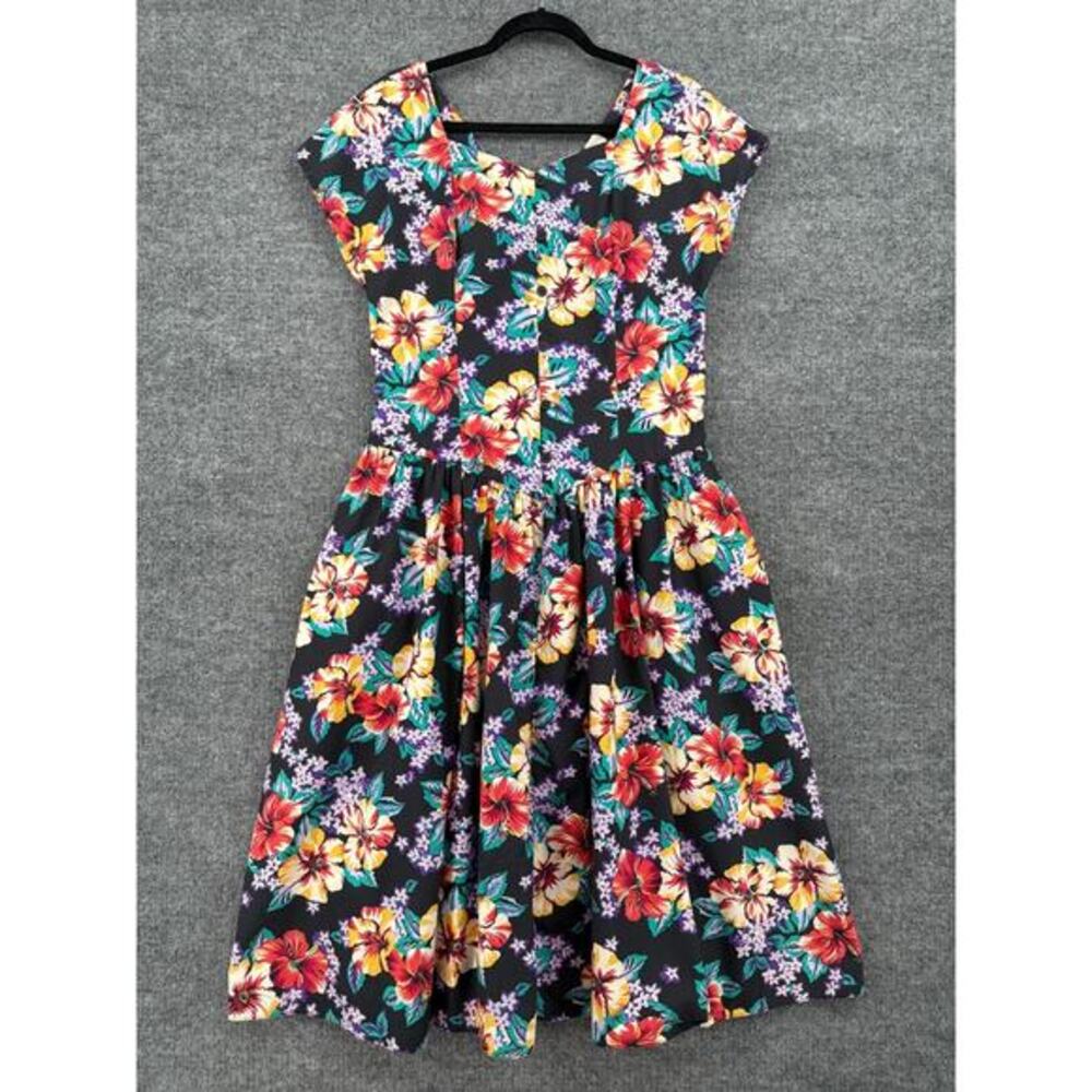 VTG Shannon Marie Hawaii Sweetheart Floral Summer Dress Sz XL Smocked Rockabilly